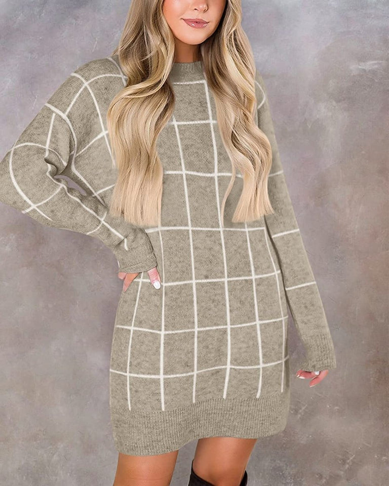 Women Crew Neck Knit Plaid Pullover Sweater Dress - Easy Pickins Store