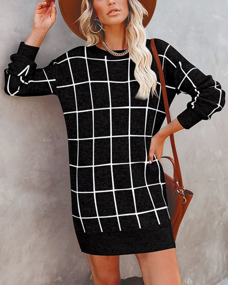 Women Crew Neck Knit Plaid Pullover Sweater Dress - Easy Pickins Store