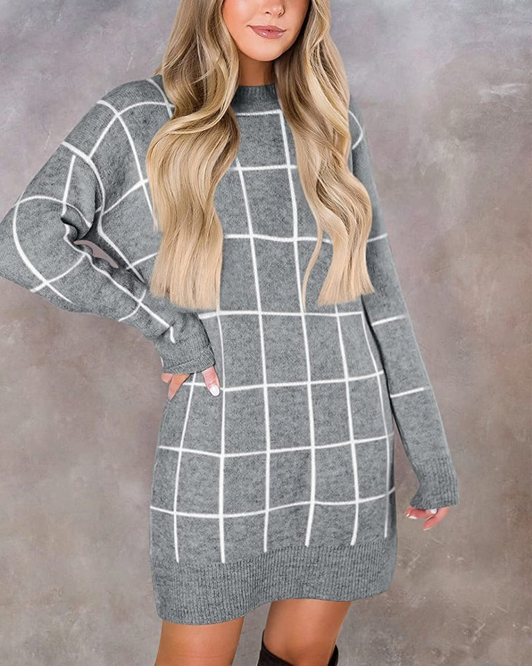 Women Crew Neck Knit Plaid Pullover Sweater Dress - Easy Pickins Store