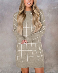 Women Crew Neck Knit Plaid Pullover Sweater Dress - Easy Pickins Store