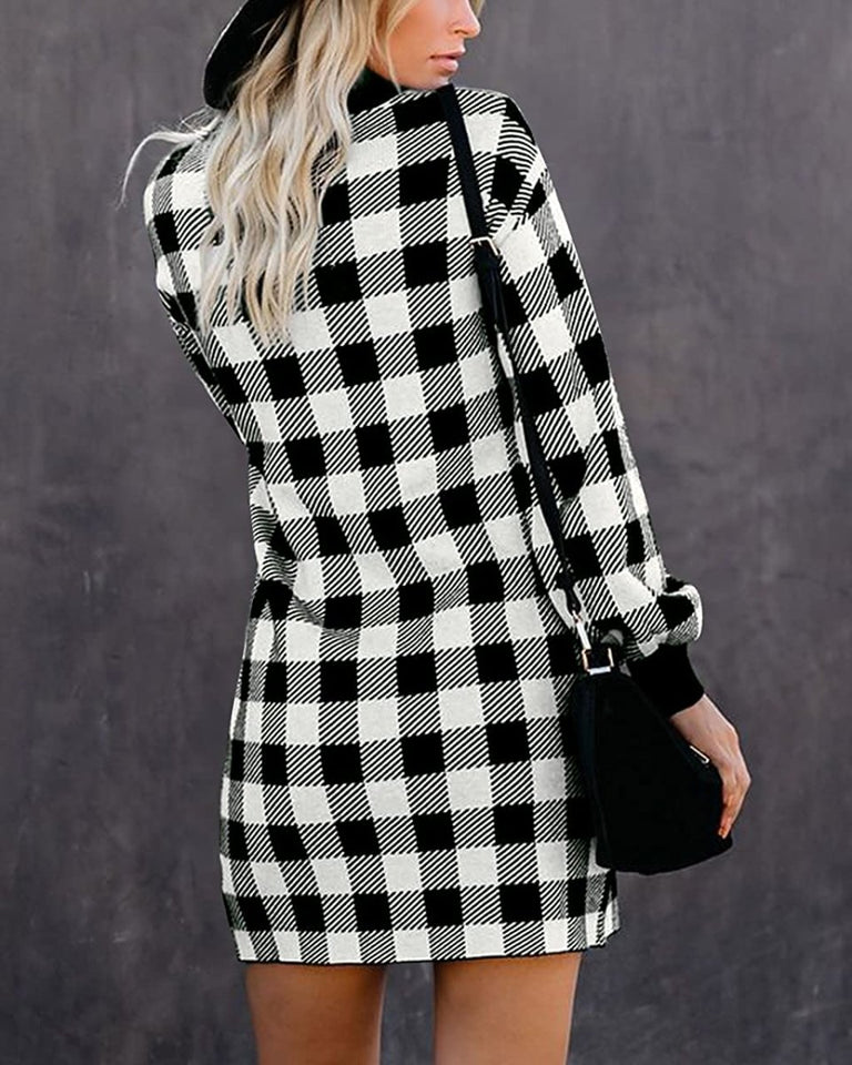 Women Crew Neck Knit Plaid Pullover Sweater Dress - Easy Pickins Store