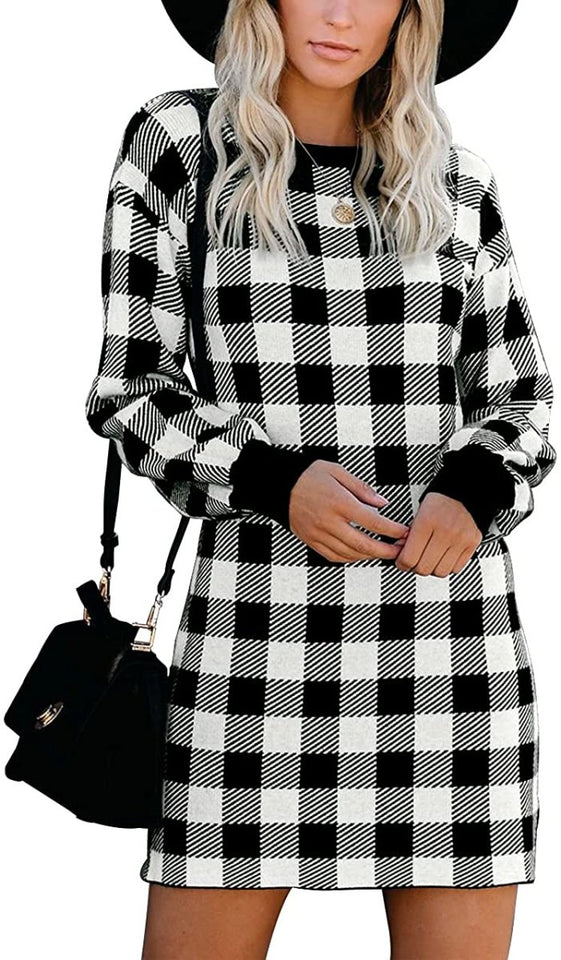 Women Crew Neck Knit Plaid Pullover Sweater Dress - Easy Pickins Store