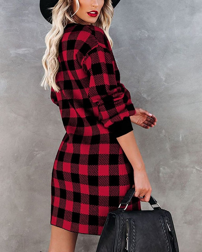 Women Crew Neck Knit Plaid Pullover Sweater Dress - Easy Pickins Store