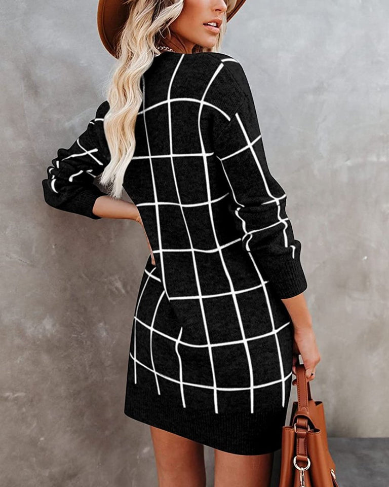 Women Crew Neck Knit Plaid Pullover Sweater Dress - Easy Pickins Store