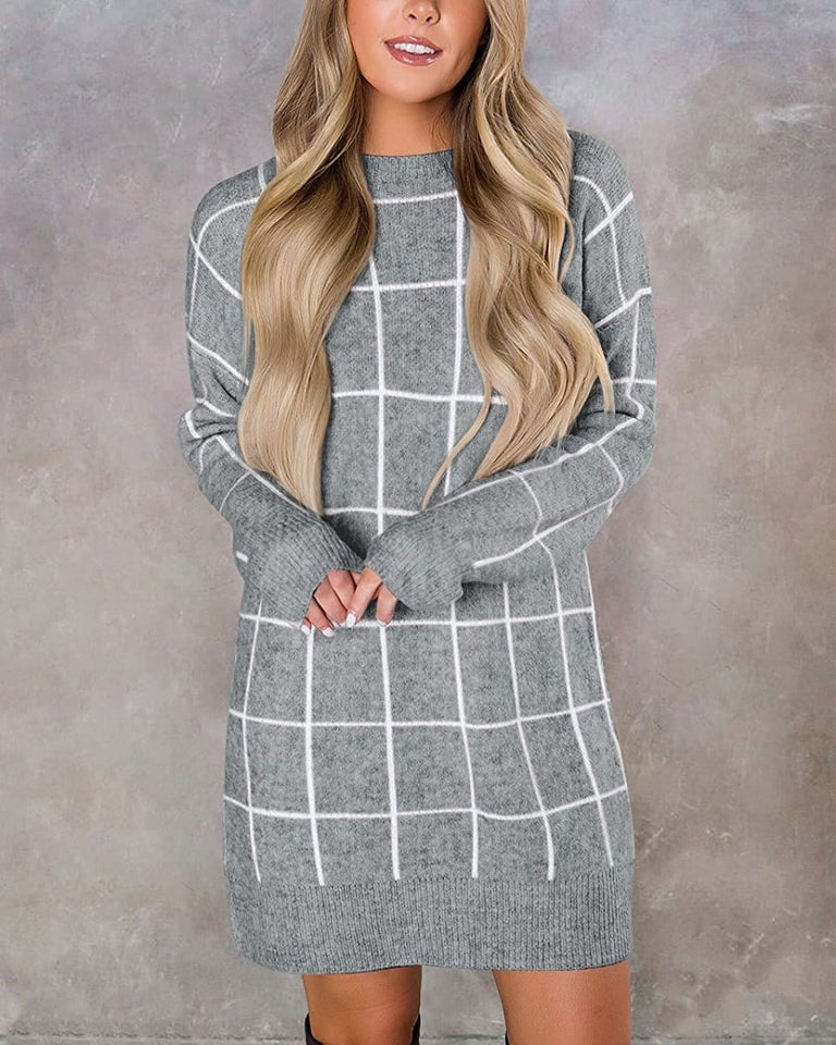 Women Crew Neck Knit Plaid Pullover Sweater Dress - Easy Pickins Store