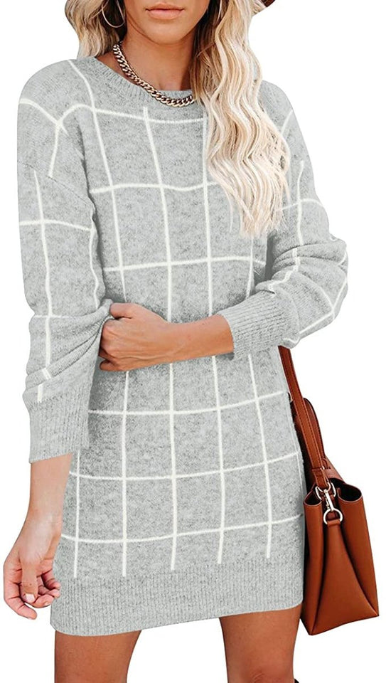 Women Crew Neck Knit Plaid Pullover Sweater Dress - Easy Pickins Store