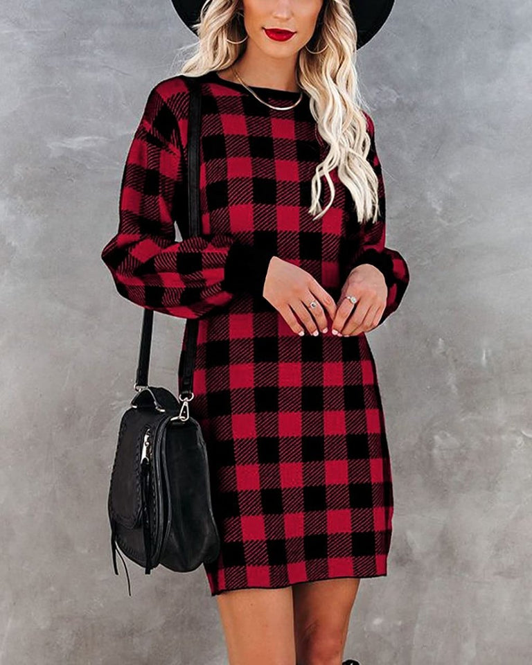 Women Crew Neck Knit Plaid Pullover Sweater Dress - Easy Pickins Store