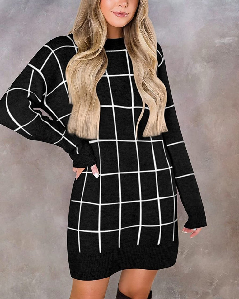 Women Crew Neck Knit Plaid Pullover Sweater Dress - Easy Pickins Store