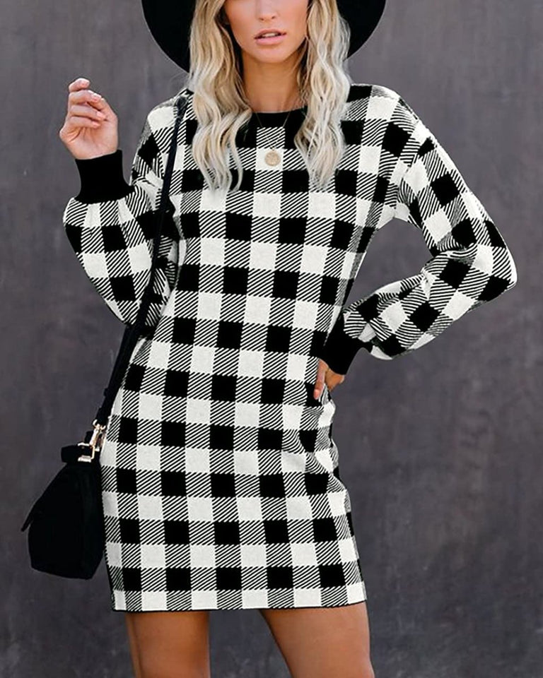 Women Crew Neck Knit Plaid Pullover Sweater Dress - Easy Pickins Store