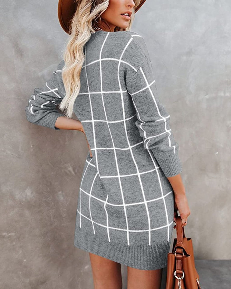 Women Crew Neck Knit Plaid Pullover Sweater Dress - Easy Pickins Store