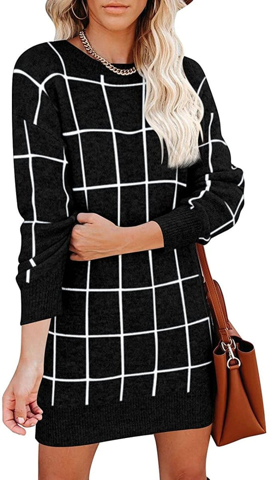 Women Crew Neck Knit Plaid Pullover Sweater Dress - Easy Pickins Store