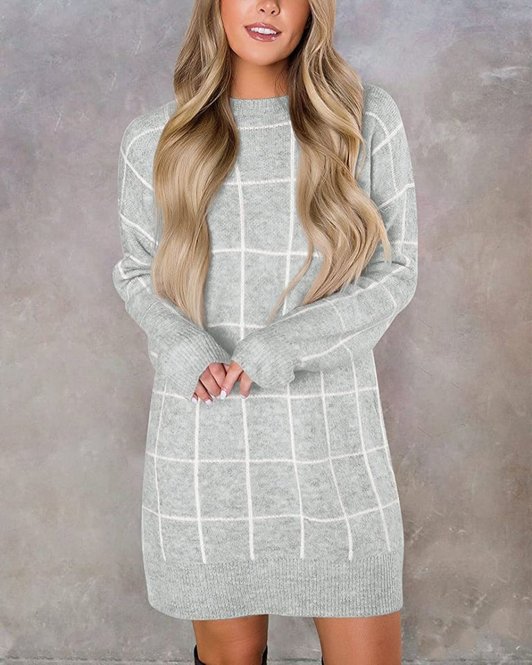 Women Crew Neck Knit Plaid Pullover Sweater Dress - Easy Pickins Store