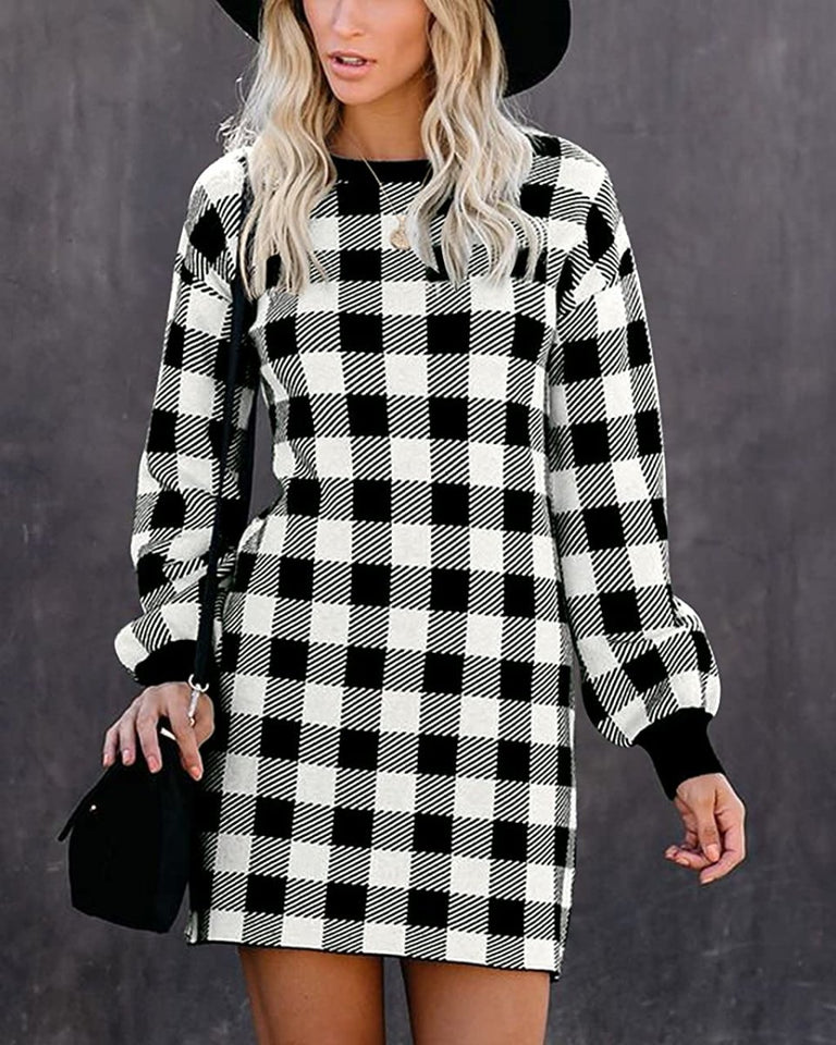 Women Crew Neck Knit Plaid Pullover Sweater Dress - Easy Pickins Store