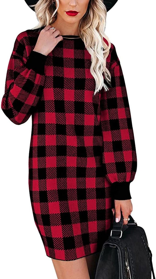 Women Crew Neck Knit Plaid Pullover Sweater Dress - Easy Pickins Store