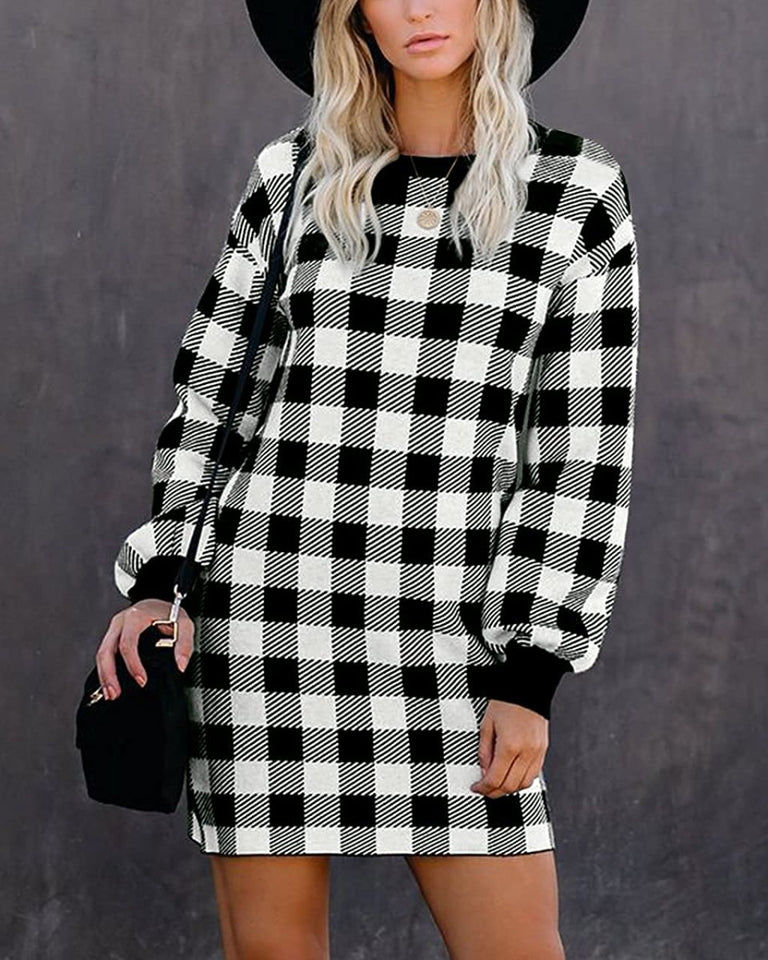 Women Crew Neck Knit Plaid Pullover Sweater Dress - Easy Pickins Store