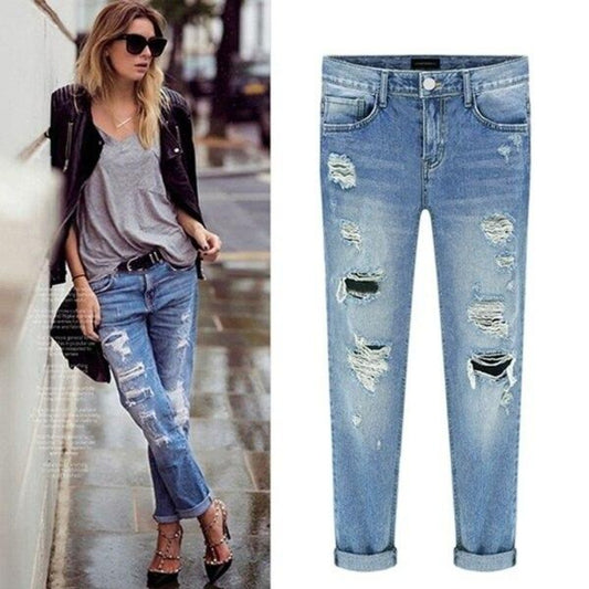 Women Denim Ripped Destroyed Slouchy Mid Waist Boyfriend Distressed Jeans - Easy Pickins Store