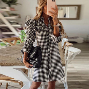 Women Dress Ruffle Hound's Tooth Plaid Midi Shirt Dress Ladies Long Sleeves - Easy Pickins Store