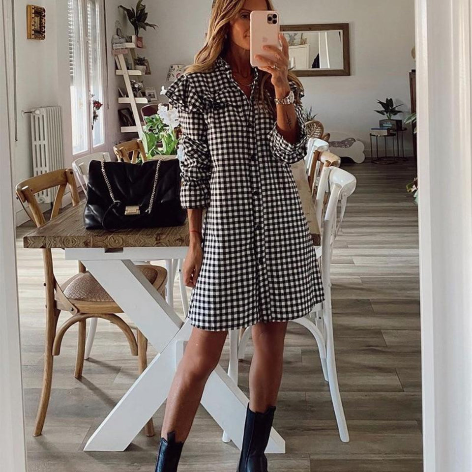 Women Dress Ruffle Hound's Tooth Plaid Midi Shirt Dress Ladies Long Sleeves - Easy Pickins Store