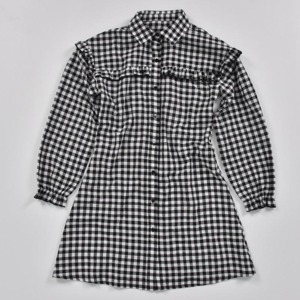 Women Dress Ruffle Hound's Tooth Plaid Midi Shirt Dress Ladies Long Sleeves - Easy Pickins Store