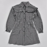 Women Dress Ruffle Hound's Tooth Plaid Midi Shirt Dress Ladies Long Sleeves - Easy Pickins Store