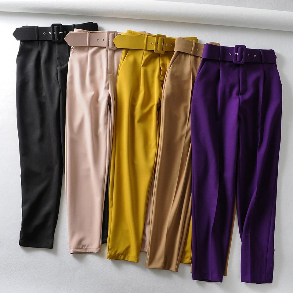 Women elegant black pants sashes pockets zipper fly solid ladies streetwear 2019 casual chic trousers pantalones - Easy Pickins Store