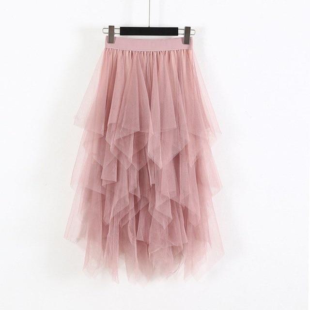 Women Irregular Hem Mesh Tutu Skirt Elastic High Waist Long Tulle Skirt - Easy Pickins Store