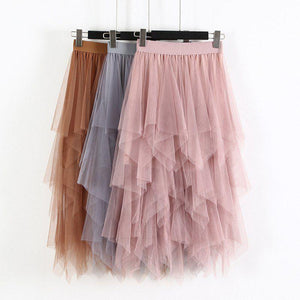 Women Irregular Hem Mesh Tutu Skirt Elastic High Waist Long Tulle Skirt - Easy Pickins Store