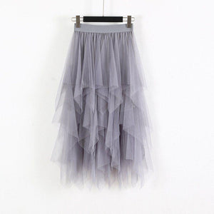 Women Irregular Hem Mesh Tutu Skirt Elastic High Waist Long Tulle Skirt - Easy Pickins Store