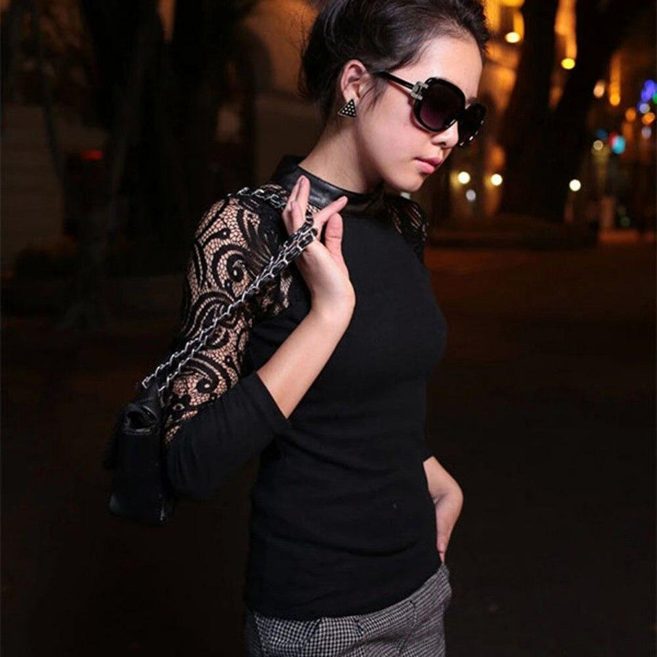 Women Long Sleeve Lace T shirt Slim Knitwear Leather Crew Neck Knitted Tops Black Gray - Easy Pickins Store