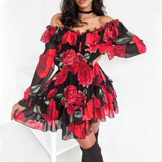 Women Off Shoulder Chiffon Ruffles Flower Long Sleeve Dress - Easy Pickins Store