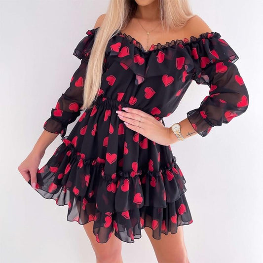 Women Off Shoulder Ruffles Flower Long Sleeve Chiffon Elegant Dress - Easy Pickins Store