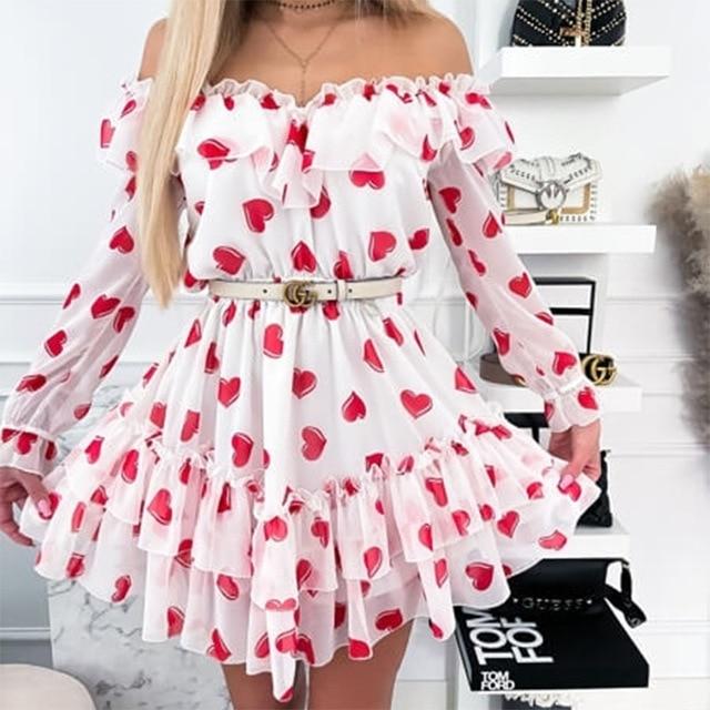Women Off Shoulder Ruffles Flower Long Sleeve Chiffon Elegant Dress - Easy Pickins Store