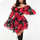 Women Off Shoulder Ruffles Flower Print Dress Spring Long Sleeve Elegant Party Dress Chiffon - Easy Pickins Store