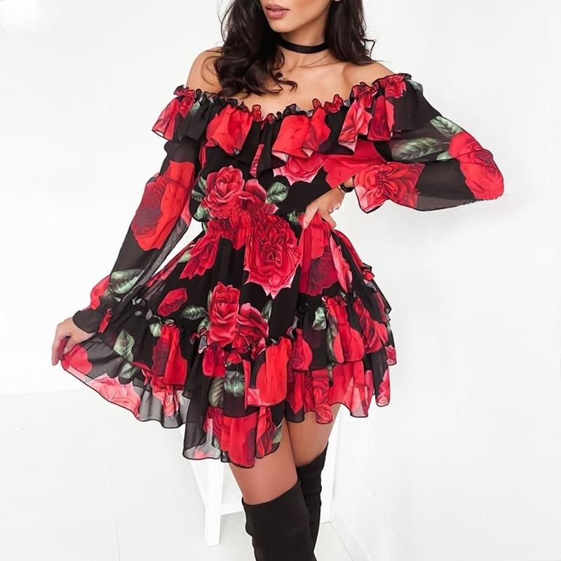 Women Off Shoulder Ruffles Flower Print Long Sleeve Elegant Party Dress Chiffon - Easy Pickins Store