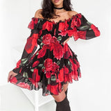 Women Off Shoulder Ruffles Flower Print Long Sleeve Elegant Party Dress Chiffon - Easy Pickins Store