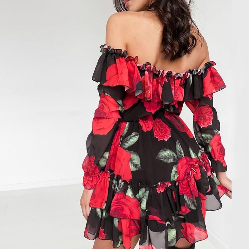 Women Off Shoulder Ruffles Flower Print Long Sleeve Elegant Party Dress Chiffon - Easy Pickins Store