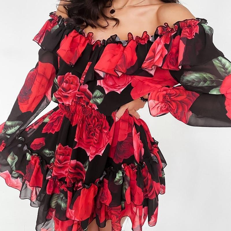 Women Off Shoulder Ruffles Flower Print Long Sleeve Elegant Party Dress Chiffon - Easy Pickins Store