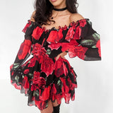 Women Off Shoulder Ruffles Flower Print Long Sleeve Elegant Party Dress Chiffon - Easy Pickins Store