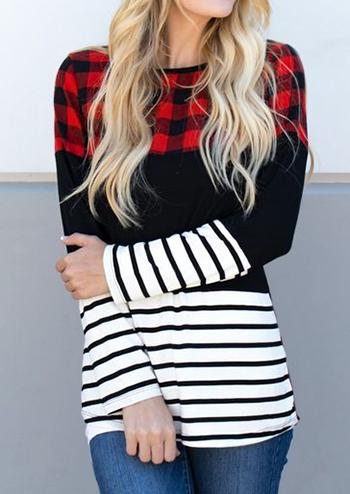 Women Plaid Splicing Striped Long Sleeve T shirt - Easy Pickins Store