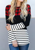 Women Plaid Splicing Striped Long Sleeve T shirt - Easy Pickins Store