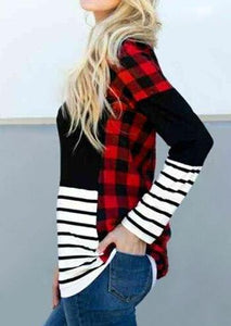 Women Plaid Splicing Striped Long Sleeve T shirt - Easy Pickins Store