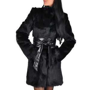 Womens Faux Fox Fur Mid Long Thick Luxury Jacket Black - Easy Pickins Store