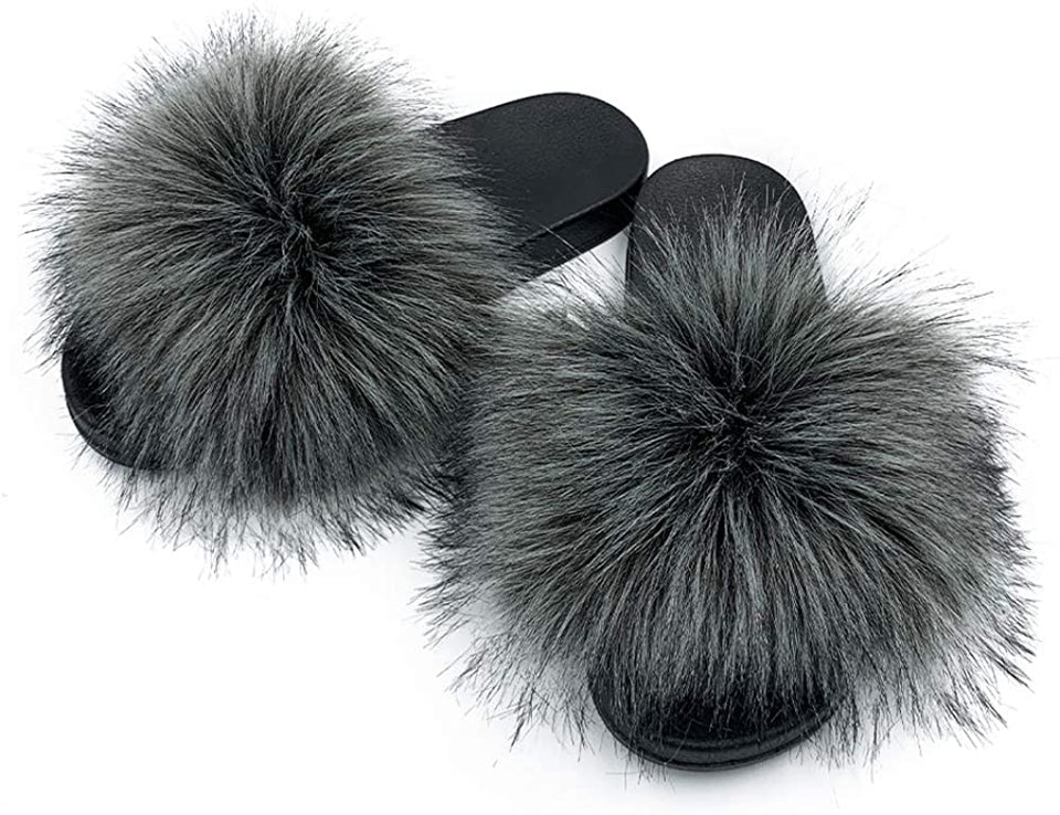 Womens Faux Fur Slippers Fluffy Fuzzy Open Toe Slides Flip Flop - Easy Pickins Store