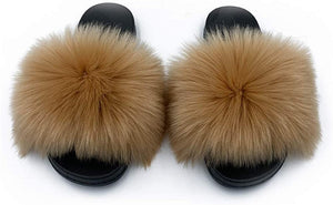 Womens Faux Fur Slippers Fluffy Fuzzy Open Toe Slides Flip Flop - Easy Pickins Store