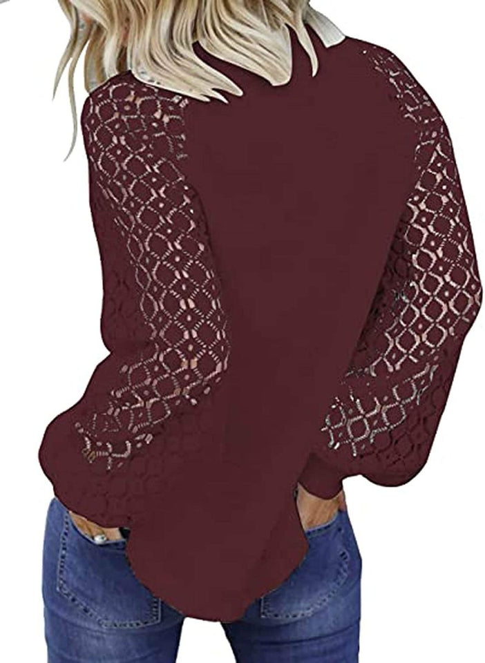 Women's Long Sleeve Tops Lace Hollow Out Waffle Casual Loose Blouse - Easy Pickins Store