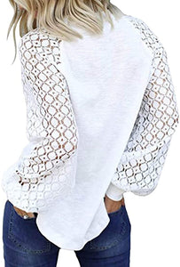 Women's Long Sleeve Tops Lace Hollow Out Waffle Casual Loose Blouse - Easy Pickins Store