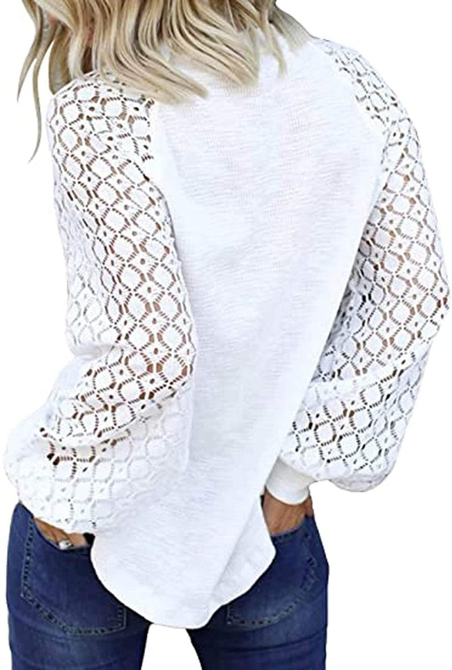 Women's Long Sleeve Tops Lace Hollow Out Waffle Casual Loose Blouse - Easy Pickins Store