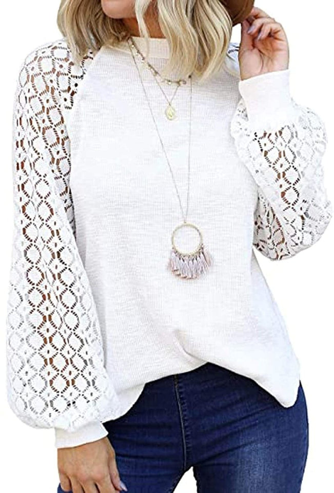 Women's Long Sleeve Tops Lace Hollow Out Waffle Casual Loose Blouse - Easy Pickins Store