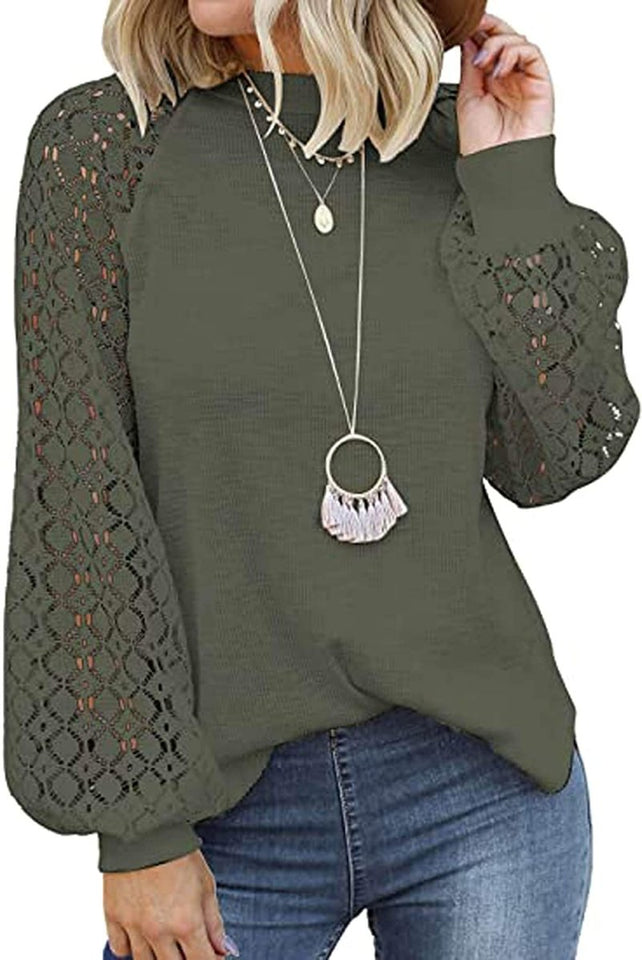 Women's Long Sleeve Tops Lace Hollow Out Waffle Casual Loose Blouse - Easy Pickins Store