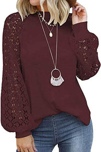 Women's Long Sleeve Tops Lace Hollow Out Waffle Casual Loose Blouse - Easy Pickins Store